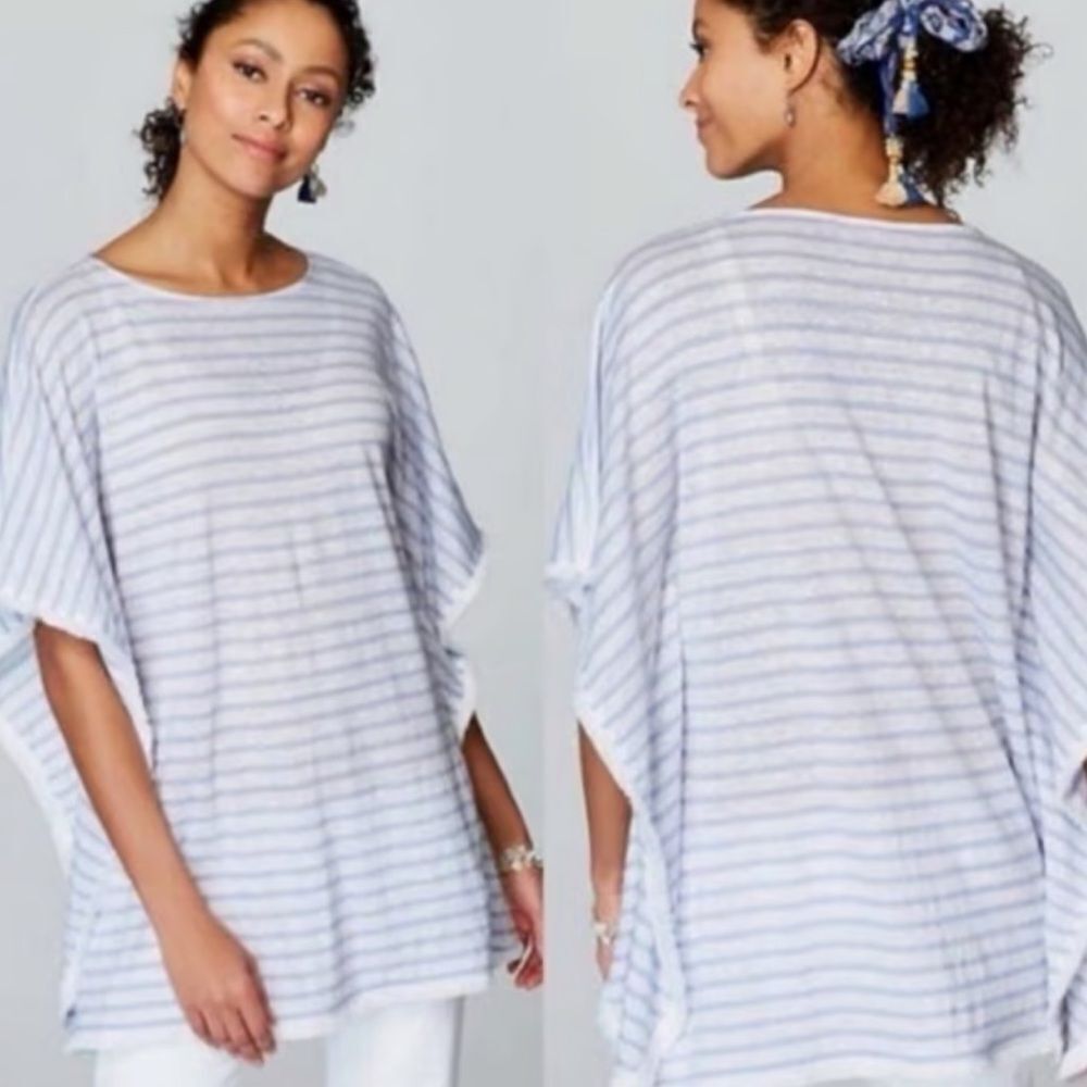 J. Jill 100%‎ linen blue striped fringe boxy poncho top women’s size M/L